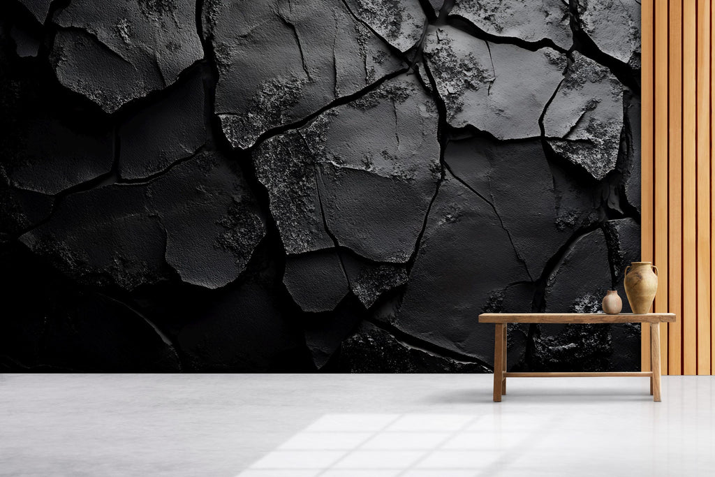Cracked Concrete 3D Wall Mural – Industrial Texture Peel and Stick Wallpaper – Dark Grunge Accent Wall – Modern Urban