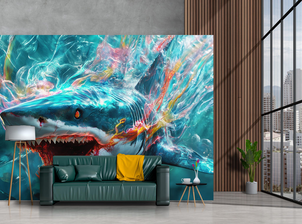3D Shark Wall Mural for Kids Room – Ocean Sea Life Wallpaper – Peel and Stick Large Shark Decor – Underwater Boys Bedroom Art