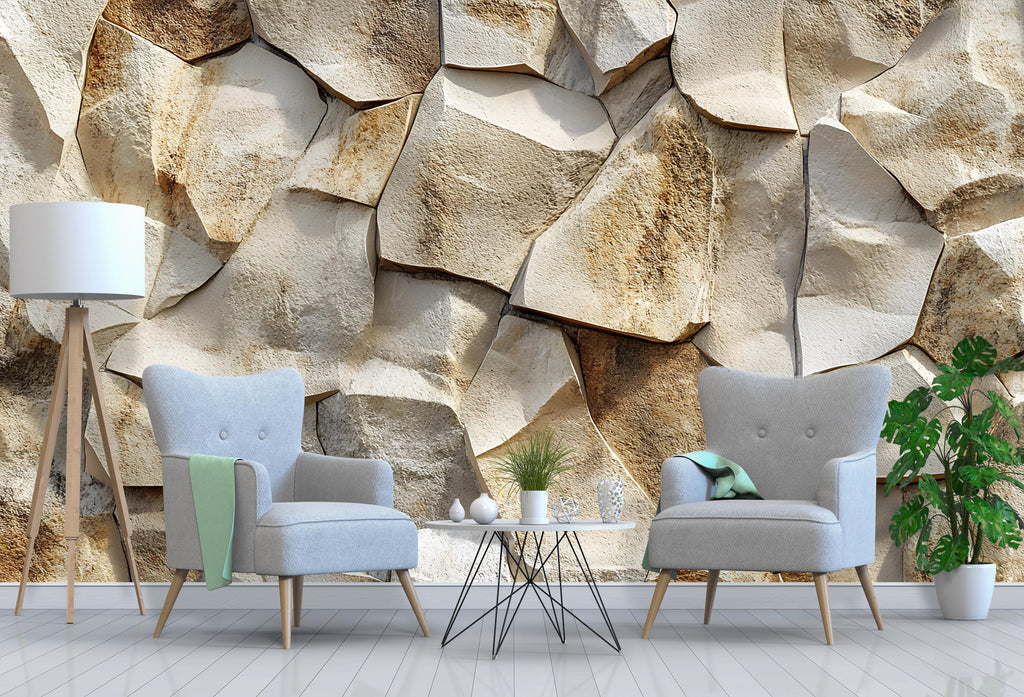 3D Sandstone Rock Wall Mural – Textured Stone Look Wallpaper – Rustic Natural Accent Wall – Peel and Stick Faux Stone for Living