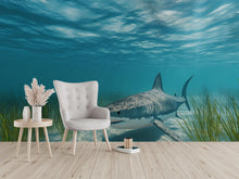 Load image into Gallery viewer, Realistic Shark Wall Mural – 3D Ocean Wallpaper for Kids Room or Man Cave – Peel and Stick Great White Shark Decor – Underwater Theme