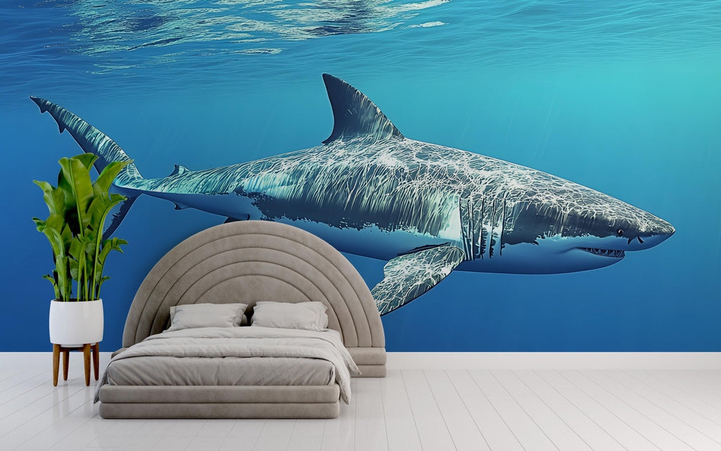 Shark Wall Mural – Blue Ocean Peel and Stick Wallpaper – Boys Room Decor – 3D Shark Art for Beach House or Man Cave – Sea Life Mural