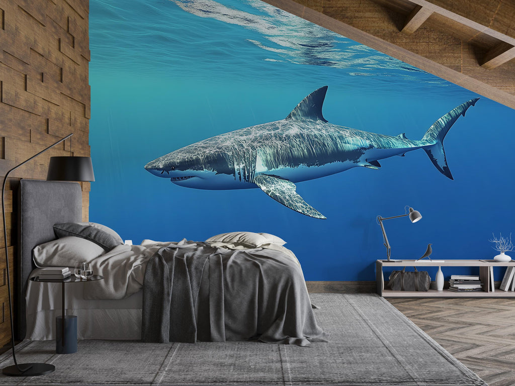 Shark Wall Mural – Blue Ocean Peel and Stick Wallpaper – Boys Room Decor – 3D Shark Art for Beach House or Man Cave – Sea Life Mural