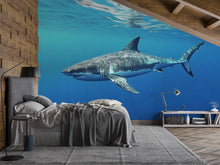 Load image into Gallery viewer, Shark Wall Mural – Blue Ocean Peel and Stick Wallpaper – Boys Room Decor – 3D Shark Art for Beach House or Man Cave – Sea Life Mural