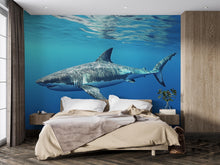 Load image into Gallery viewer, Shark Wall Mural – Blue Ocean Peel and Stick Wallpaper – Boys Room Decor – 3D Shark Art for Beach House or Man Cave – Sea Life Mural