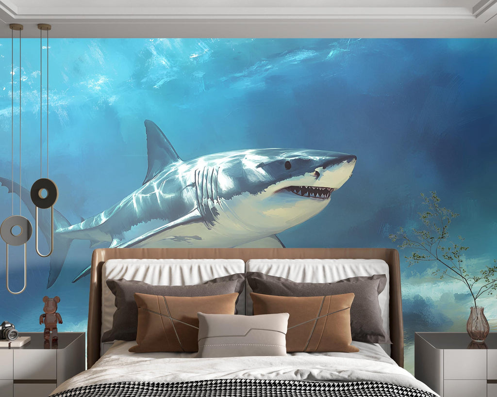 Shark Wall Mural – Underwater Ocean Wallpaper for Bedroom or Beach House – Peel and Stick Realistic Shark Decor – 3D Sea Life Mural