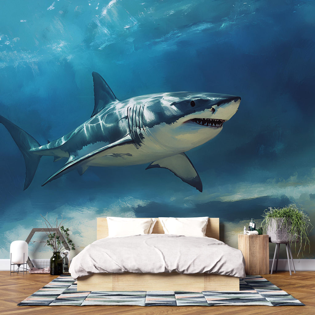 Shark Wall Mural – Underwater Ocean Wallpaper for Bedroom or Beach House – Peel and Stick Realistic Shark Decor – 3D Sea Life Mural