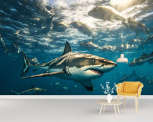 Load image into Gallery viewer, Shark Wall Mural – 3D Realistic Ocean Scene Wallpaper – Great White Shark Decor for Office, Living Room, or Man Cave – Peel and Stick
