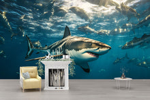 Load image into Gallery viewer, Shark Wall Mural – 3D Realistic Ocean Scene Wallpaper – Great White Shark Decor for Office, Living Room, or Man Cave – Peel and Stick