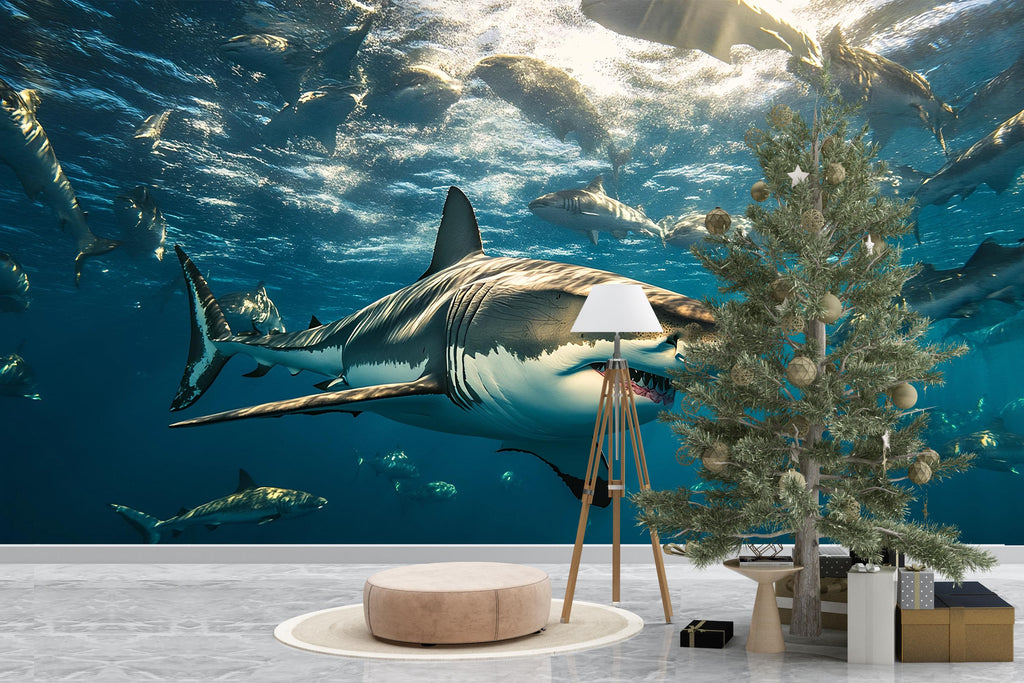 Shark Wall Mural – 3D Realistic Ocean Scene Wallpaper – Great White Shark Decor for Office, Living Room, or Man Cave – Peel and Stick