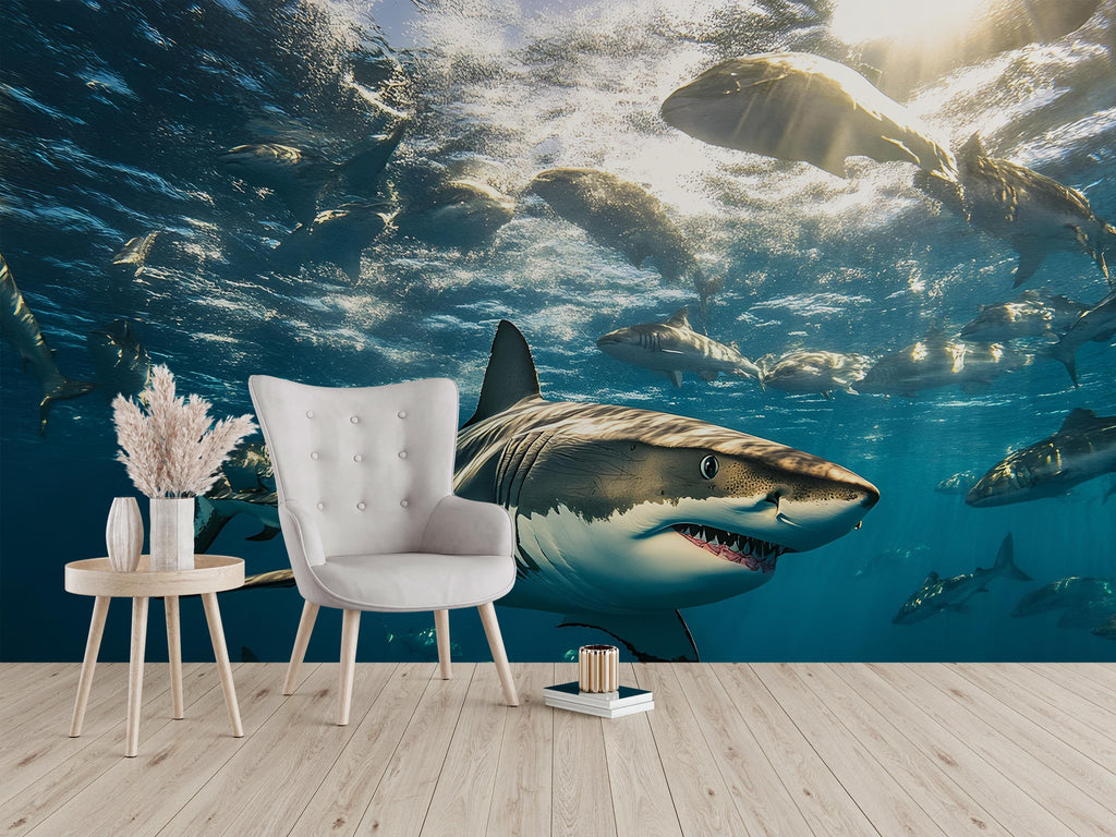 Shark Wall Mural – 3D Realistic Ocean Scene Wallpaper – Great White Shark Decor for Office, Living Room, or Man Cave – Peel and Stick