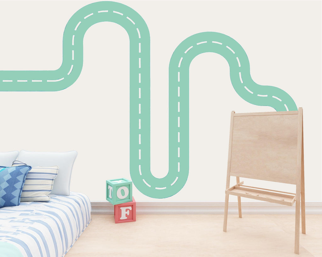 Teal Road Wall Decal for Kids Room – Peel and Stick Car Track Sticker – Boy’s Nursery Traffic Path Wall Art – Removable Vinyl Decor