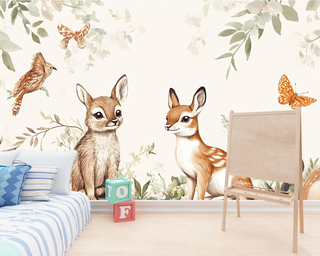 Woodland Animal Nursery Wallpaper – Forest Fawn & Bunny Mural – Cute Baby Room Wall Art – Peel and Stick or Removable Décor