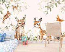 Load image into Gallery viewer, Woodland Animal Nursery Wallpaper – Forest Fawn &amp; Bunny Mural – Cute Baby Room Wall Art – Peel and Stick or Removable Décor