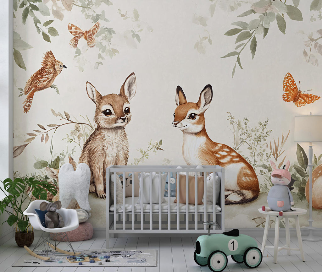 Woodland Animal Nursery Wallpaper – Forest Fawn & Bunny Mural – Cute Baby Room Wall Art – Peel and Stick or Removable Décor