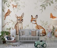 Load image into Gallery viewer, Woodland Animal Nursery Wallpaper – Forest Fawn &amp; Bunny Mural – Cute Baby Room Wall Art – Peel and Stick or Removable Décor
