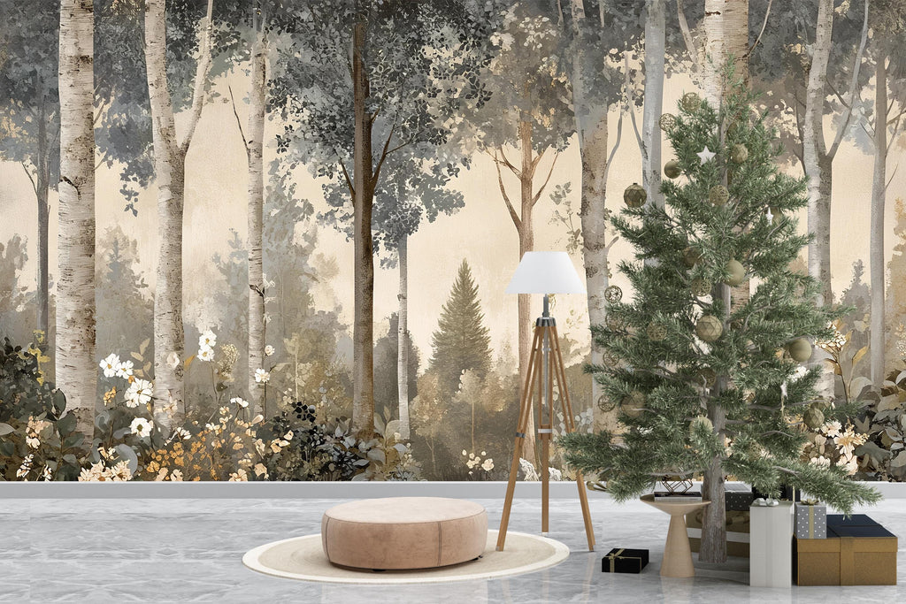 Vintage Forest Birch Tree Wall Mural – Neutral Botanical Wallpaper – Tranquil Woodland Wall Art – Peel and Stick Rustic Nature Décor