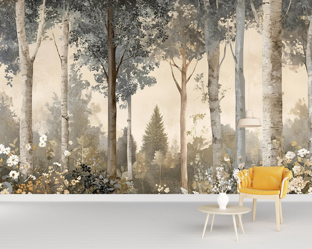 Vintage Forest Birch Tree Wall Mural – Neutral Botanical Wallpaper – Tranquil Woodland Wall Art – Peel and Stick Rustic Nature Décor