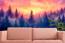 Load image into Gallery viewer, Sunset Forest Wall Mural – Vibrant Nature Wallpaper – Purple &amp; Orange Landscape Wall Art – Peel and Stick Misty Pine Tree Décor