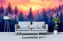 Load image into Gallery viewer, Sunset Forest Wall Mural – Vibrant Nature Wallpaper – Purple &amp; Orange Landscape Wall Art – Peel and Stick Misty Pine Tree Décor