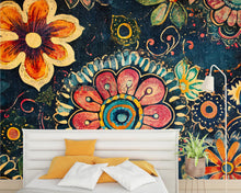 Load image into Gallery viewer, Boho Floral Wall Mural – Colorful Retro Flower Peel and Stick Wallpaper – Large Vintage Botanical Mural for Bedroom or Accent Wall Decor