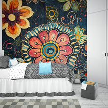 Load image into Gallery viewer, Boho Floral Wall Mural – Colorful Retro Flower Peel and Stick Wallpaper – Large Vintage Botanical Mural for Bedroom or Accent Wall Decor