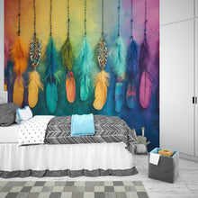 Load image into Gallery viewer, Boho Feather Wall Mural – Colorful Rainbow Feather Wallpaper – Peel and Stick Removable Bohemian Wall Decor for Bedroom or Studio