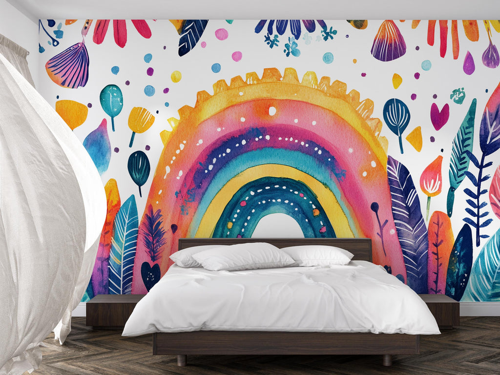 Watercolor Rainbow Wall Mural – Colorful Boho Peel and Stick Wallpaper – Whimsical Botanical Mural for Kids Room or Nursery Decor