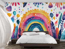 Load image into Gallery viewer, Watercolor Rainbow Wall Mural – Colorful Boho Peel and Stick Wallpaper – Whimsical Botanical Mural for Kids Room or Nursery Decor