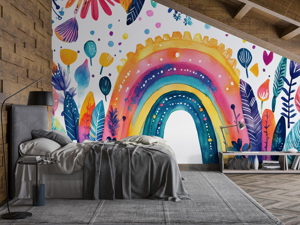 Watercolor Rainbow Wall Mural – Colorful Boho Peel and Stick Wallpaper – Whimsical Botanical Mural for Kids Room or Nursery Decor