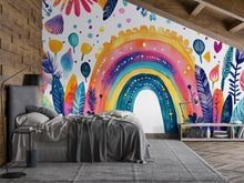 Load image into Gallery viewer, Watercolor Rainbow Wall Mural – Colorful Boho Peel and Stick Wallpaper – Whimsical Botanical Mural for Kids Room or Nursery Decor