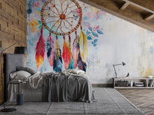 Load image into Gallery viewer, Dreamcatcher Wall Mural – Boho Feather Peel and Stick Wallpaper – Watercolor Native Wall Art – Removable Mural for Bedroom or Nursery