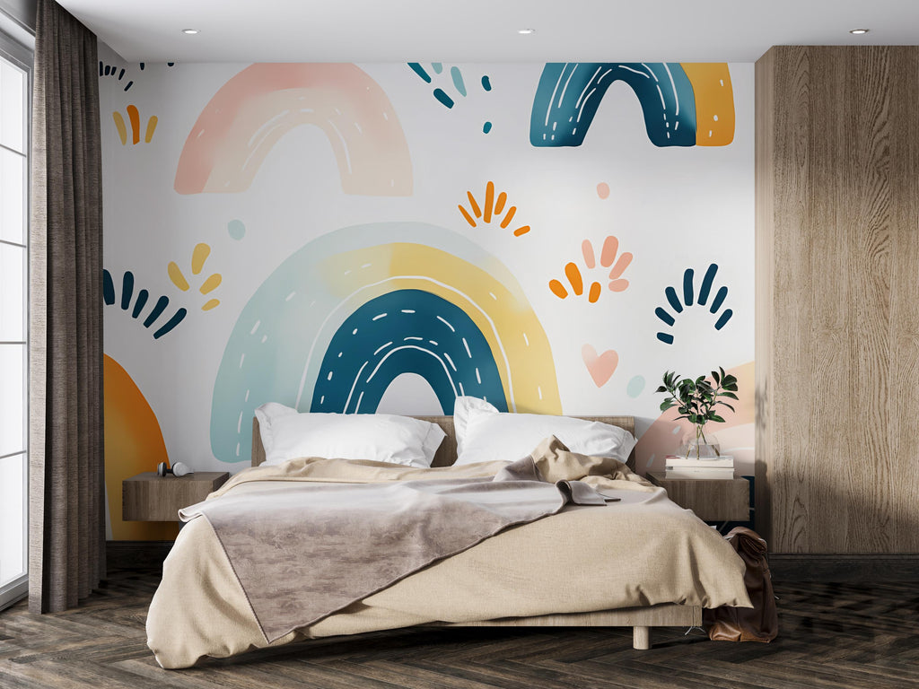 Minimalist Rainbow Wall Mural – Gender Neutral Peel and Stick Wallpaper – Abstract Modern Nursery Decor – Removable Large Wall Art