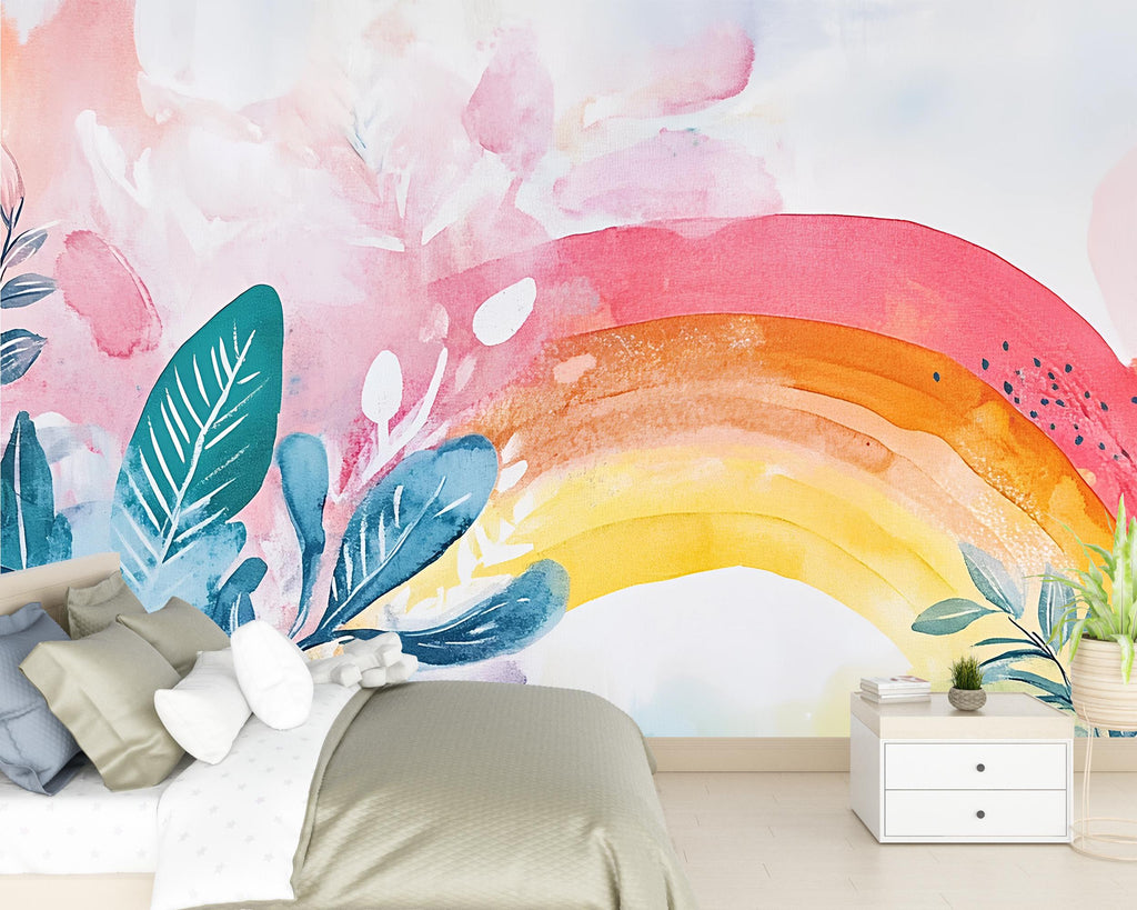 Watercolor Rainbow Wall Mural – Boho Foliage Peel and Stick Wallpaper – Botanical Pastel Removable Mural for Bedroom or Nursery Decor