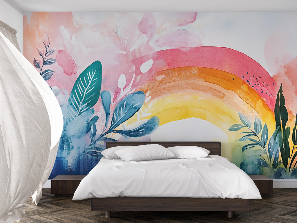 Watercolor Rainbow Wall Mural – Boho Foliage Peel and Stick Wallpaper – Botanical Pastel Removable Mural for Bedroom or Nursery Decor