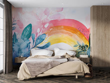 Load image into Gallery viewer, Watercolor Rainbow Wall Mural – Boho Foliage Peel and Stick Wallpaper – Botanical Pastel Removable Mural for Bedroom or Nursery Decor