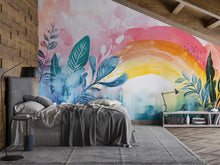 Load image into Gallery viewer, Watercolor Rainbow Wall Mural – Boho Foliage Peel and Stick Wallpaper – Botanical Pastel Removable Mural for Bedroom or Nursery Decor