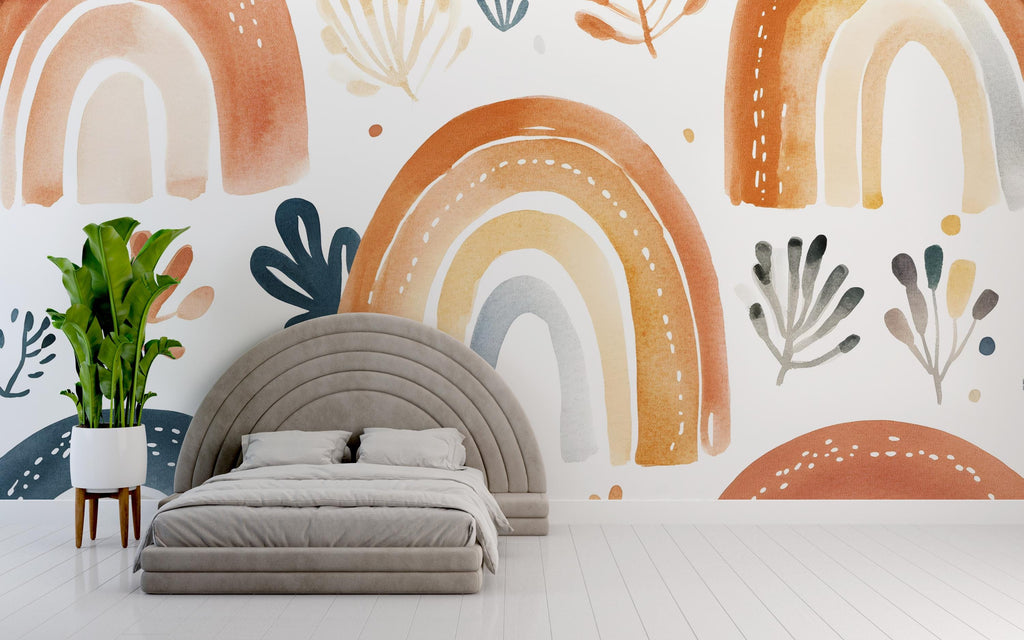 Earth Tone Rainbow Wall Mural – Boho Abstract Peel and Stick Wallpaper – Neutral Removable Mural for Bedroom or Nursery Wall Decor