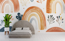 Load image into Gallery viewer, Earth Tone Rainbow Wall Mural – Boho Abstract Peel and Stick Wallpaper – Neutral Removable Mural for Bedroom or Nursery Wall Decor