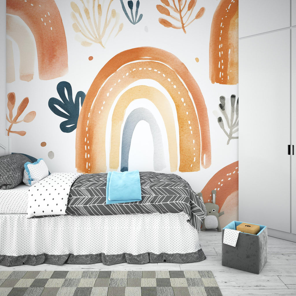 Earth Tone Rainbow Wall Mural – Boho Abstract Peel and Stick Wallpaper – Neutral Removable Mural for Bedroom or Nursery Wall Decor