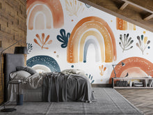 Load image into Gallery viewer, Earth Tone Rainbow Wall Mural – Boho Abstract Peel and Stick Wallpaper – Neutral Removable Mural for Bedroom or Nursery Wall Decor