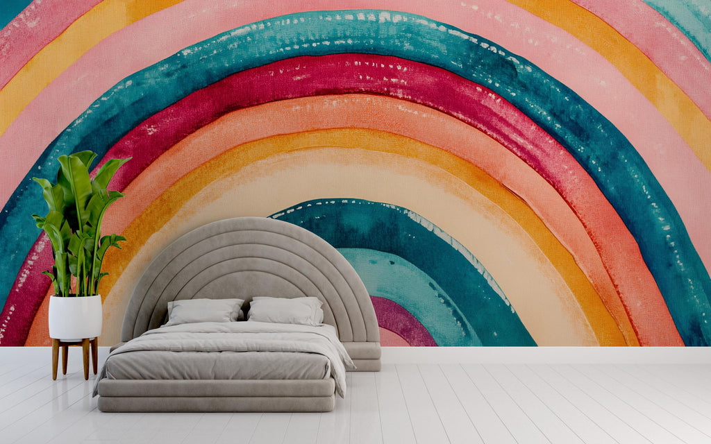 Modern Rainbow Wall Mural – Bold Watercolor Peel and Stick Wallpaper – Abstract Colorful Removable Mural for Bedroom or Kids Room