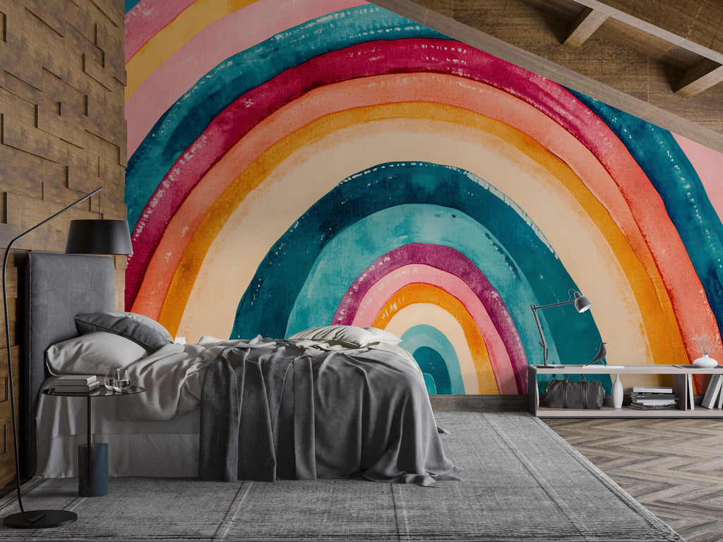 Modern Rainbow Wall Mural – Bold Watercolor Peel and Stick Wallpaper – Abstract Colorful Removable Mural for Bedroom or Kids Room
