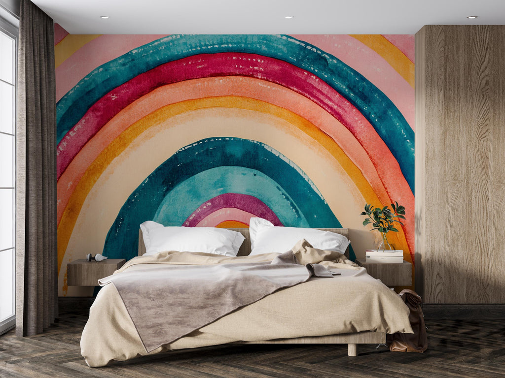 Modern Rainbow Wall Mural – Bold Watercolor Peel and Stick Wallpaper – Abstract Colorful Removable Mural for Bedroom or Kids Room