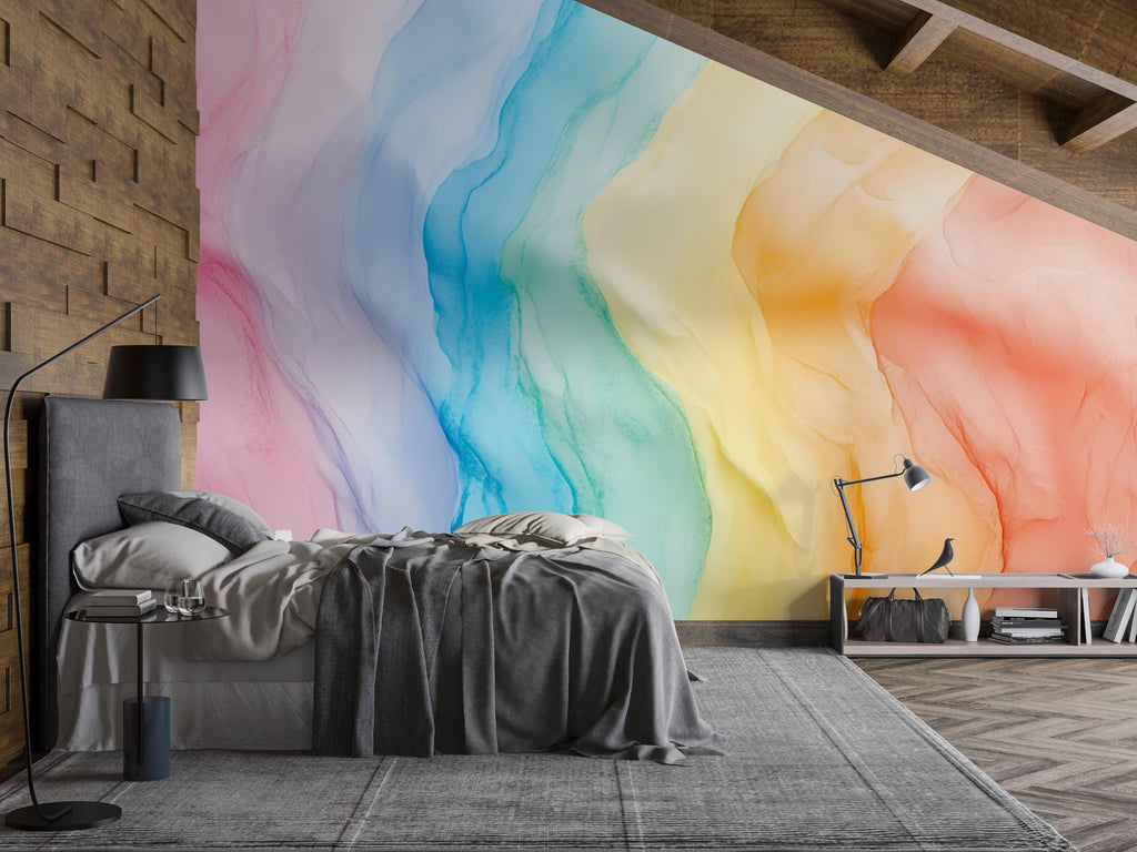 Pastel Rainbow Wall Mural – Abstract Watercolor Peel and Stick Wallpaper – Soft Gradient Removable Mural for Bedroom or Nursery Decor