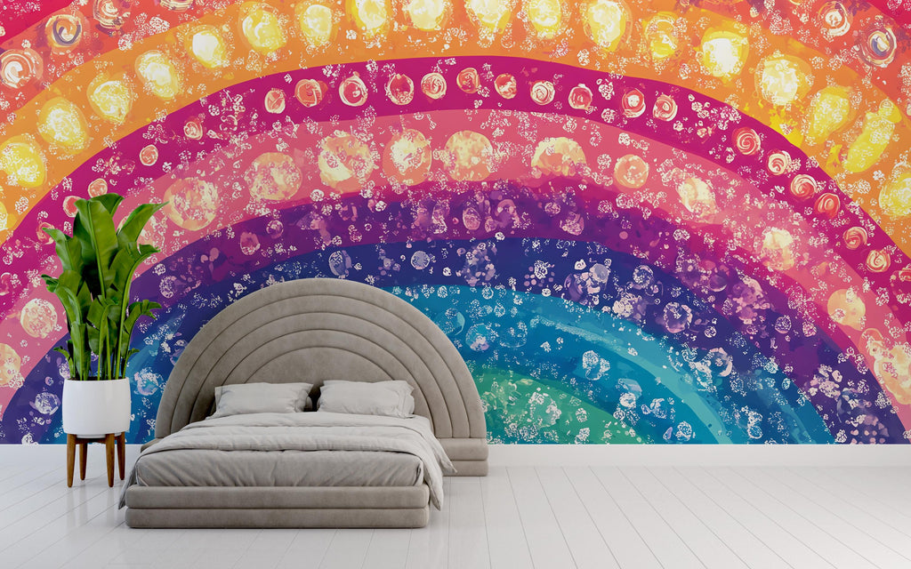 Colorful Rainbow Wall Mural – Boho Dot Art Peel and Stick Wallpaper – Vibrant Abstract Removable Mural for Bedroom or Kids Room Decor