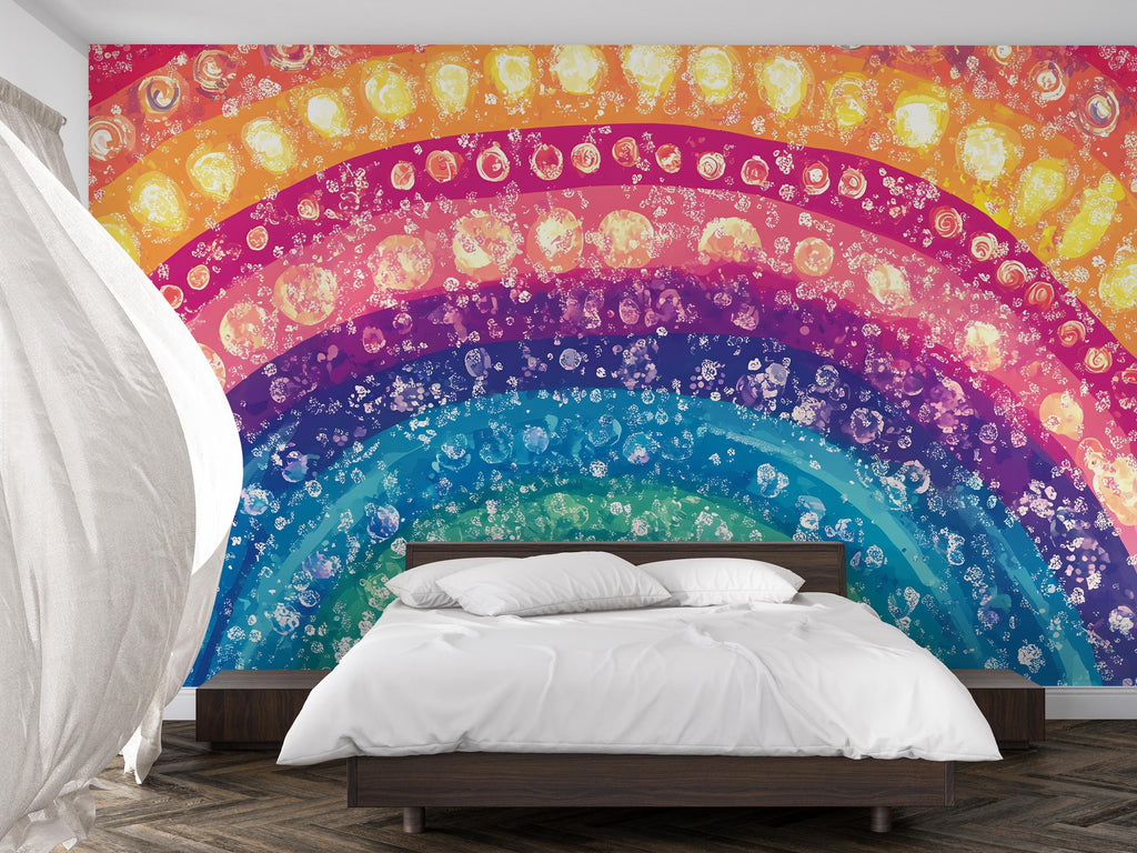 Colorful Rainbow Wall Mural – Boho Dot Art Peel and Stick Wallpaper – Vibrant Abstract Removable Mural for Bedroom or Kids Room Decor