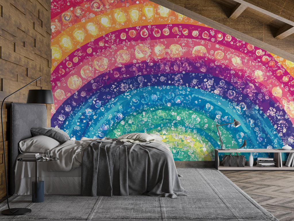Colorful Rainbow Wall Mural – Boho Dot Art Peel and Stick Wallpaper – Vibrant Abstract Removable Mural for Bedroom or Kids Room Decor