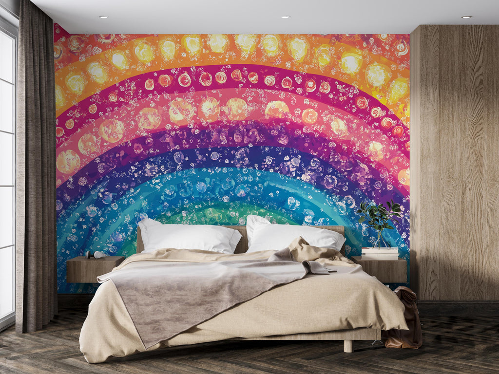 Colorful Rainbow Wall Mural – Boho Dot Art Peel and Stick Wallpaper – Vibrant Abstract Removable Mural for Bedroom or Kids Room Decor