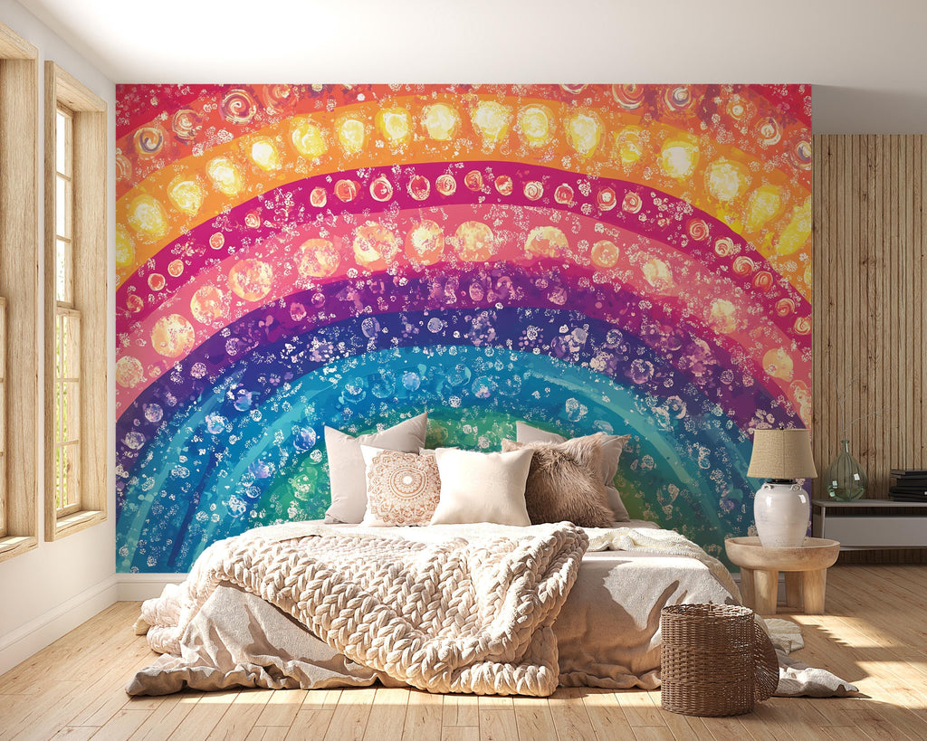 Colorful Rainbow Wall Mural – Boho Dot Art Peel and Stick Wallpaper – Vibrant Abstract Removable Mural for Bedroom or Kids Room Decor