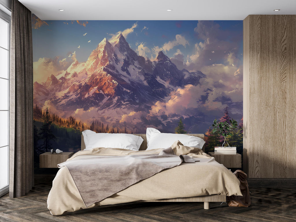 Majestic Mountain Wall Mural – Snowy Peak Nature Wallpaper – Dramatic Sunset Landscape – Peel & Stick Adventure Wall Art for Bedroom